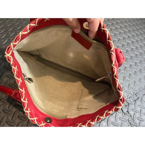 BERGE ITALY GENUINE LEATHER TOTE BAG RED w/ TAUPE STITCHING BOHO WOMENS PURSE - Picture 9 of 11